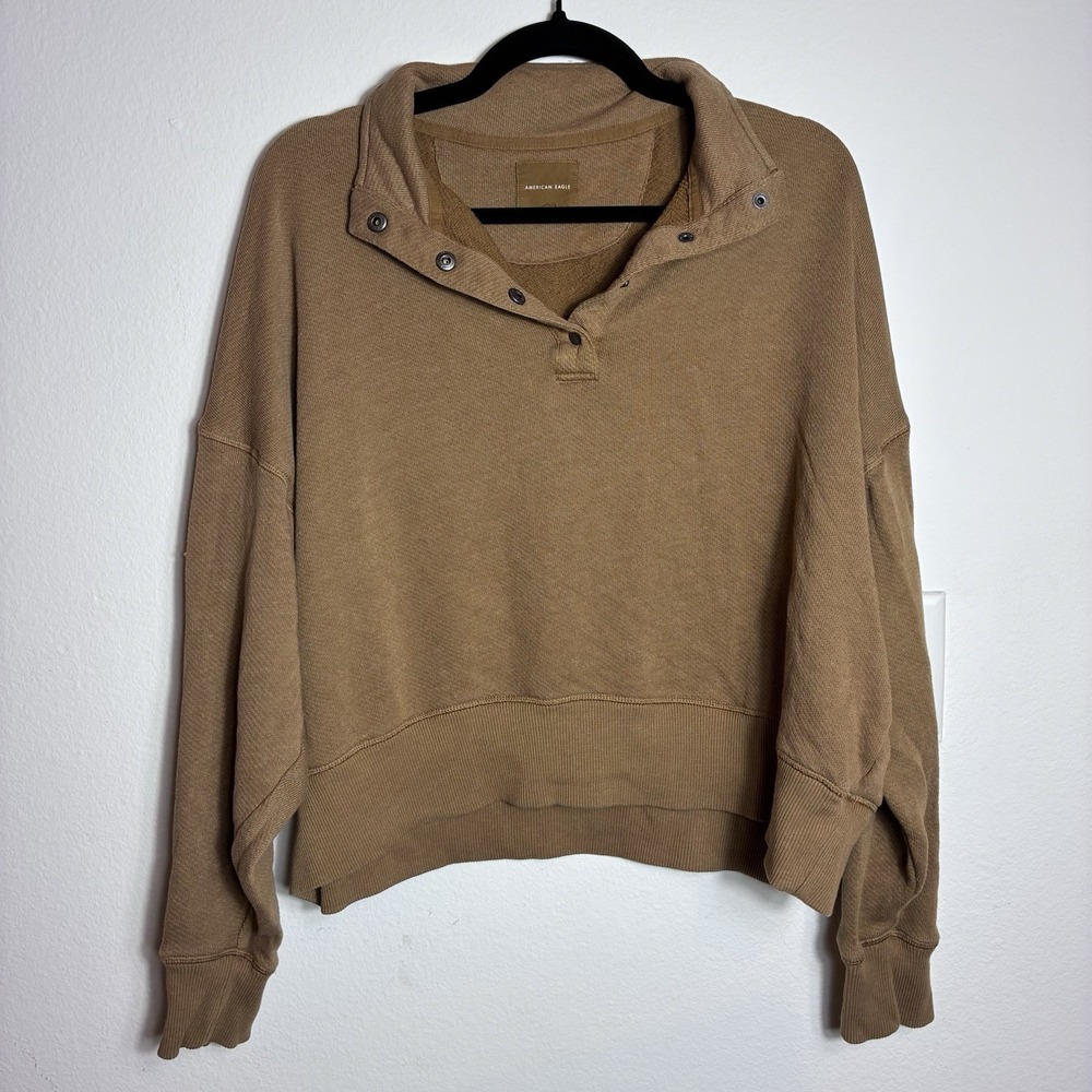 American Eagle Oversized Snap Neck Pullover Sweatshirt Camel Tan Large Coastal